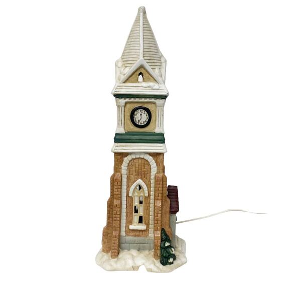 Village Square Christmas Holiday Ceramic Lighted Clock Tower - Picture 2 of 11
